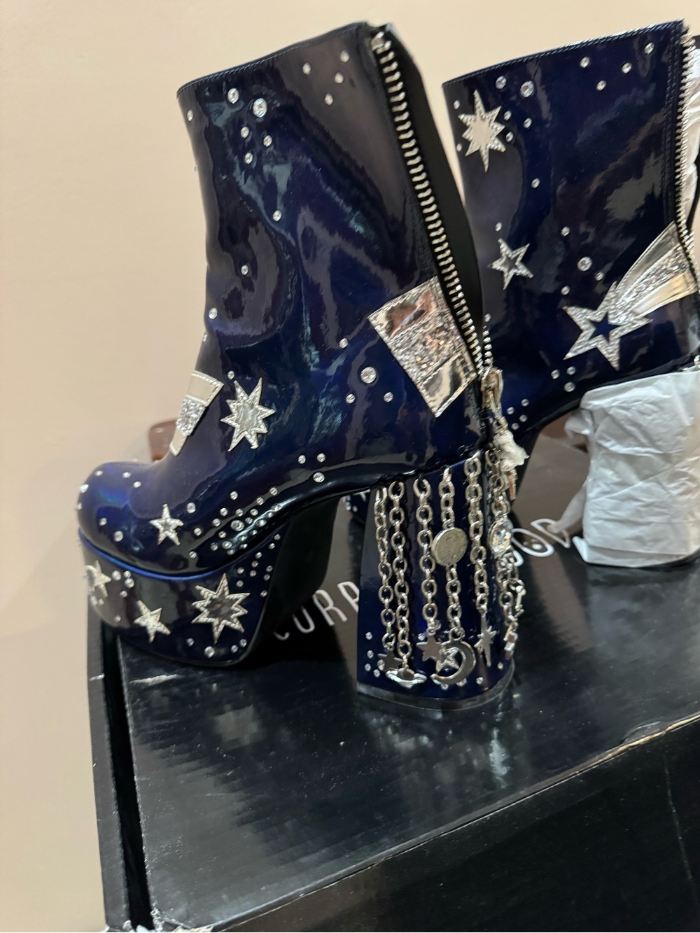 NWT Current Mood Navy Patent Platform Star-Embellished Ankle Boots